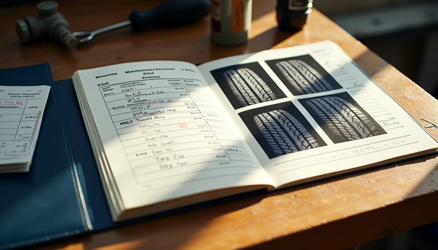 Used SUV maintenance records, tire photos and service receipts on workbench