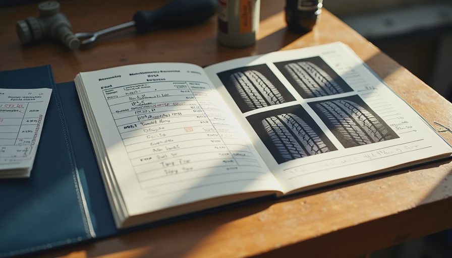 Used SUV maintenance records, tire photos and service receipts on workbench