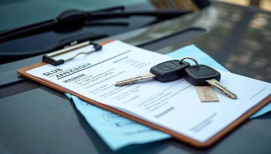 Used car appraisal clipboard and keys on vehicle hood