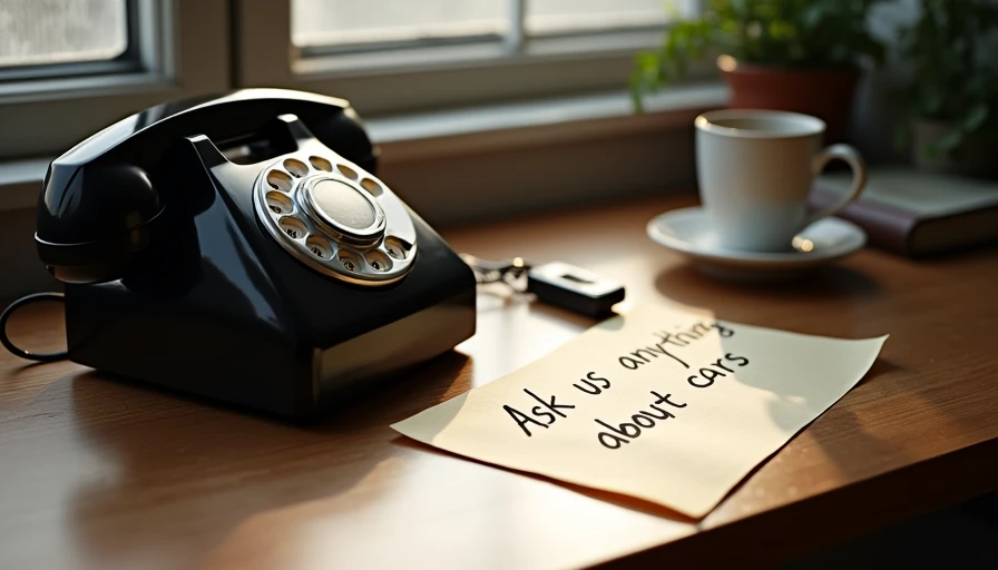 A wooden desk with a telephone, handwritten note, coffee mug, and car keys, inviting readers to contact Owned for Real with their car buying, maintenance, and ownership questions.