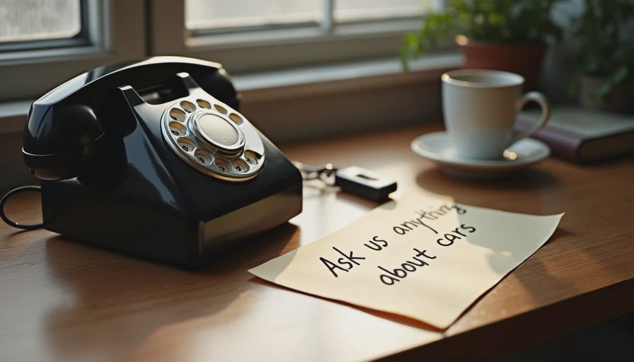 A wooden desk with a telephone, handwritten note, coffee mug, and car keys, inviting readers to contact Owned for Real with their car buying, maintenance, and ownership questions.