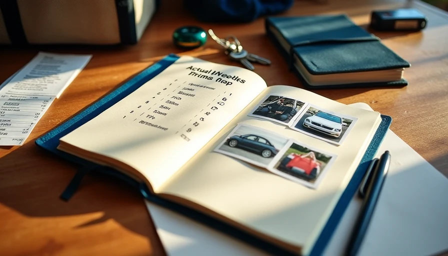 Family car needs assessment with notebook, car seat photos and receipts on workbench