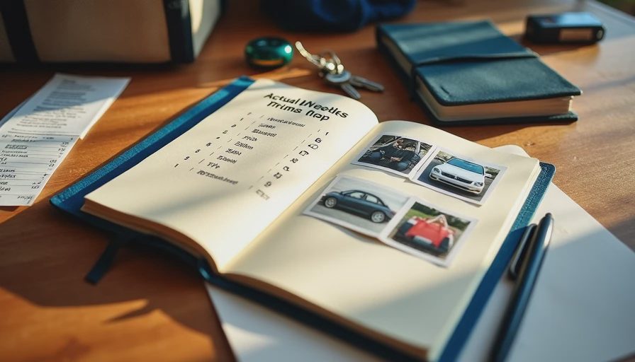 Family car needs assessment with notebook, car seat photos and receipts on workbench