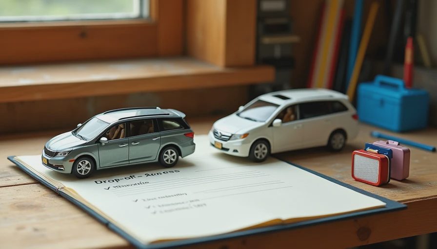 Toy cars and checklist representing school drop-off car buying decisions